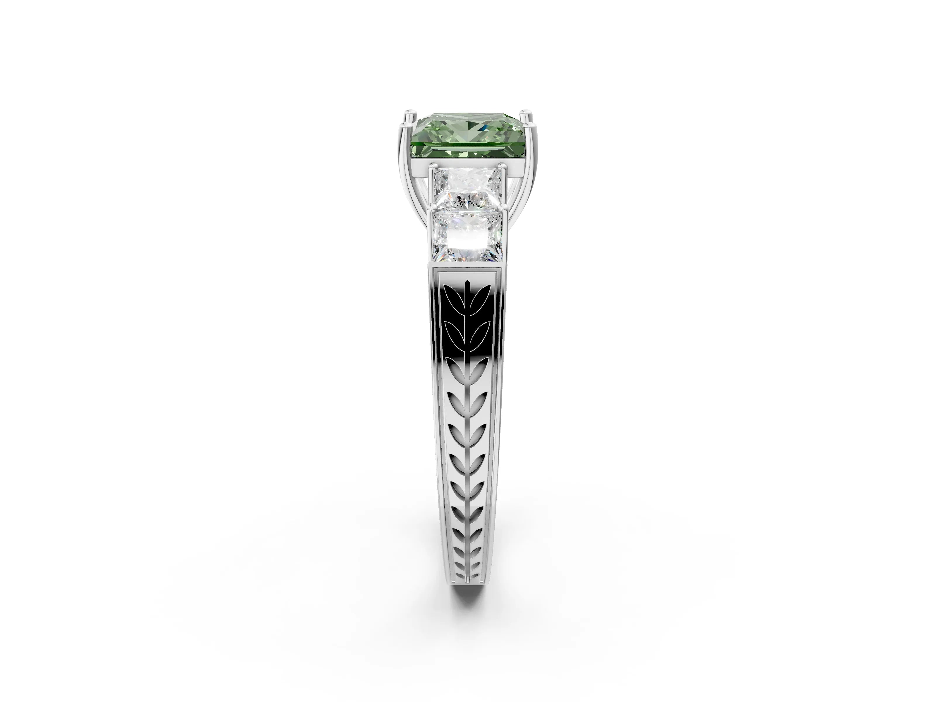 White gold Fancy Green Princess Cut Solitaire Princess Side Stone Engraved Band Prong Setting Ring_14
