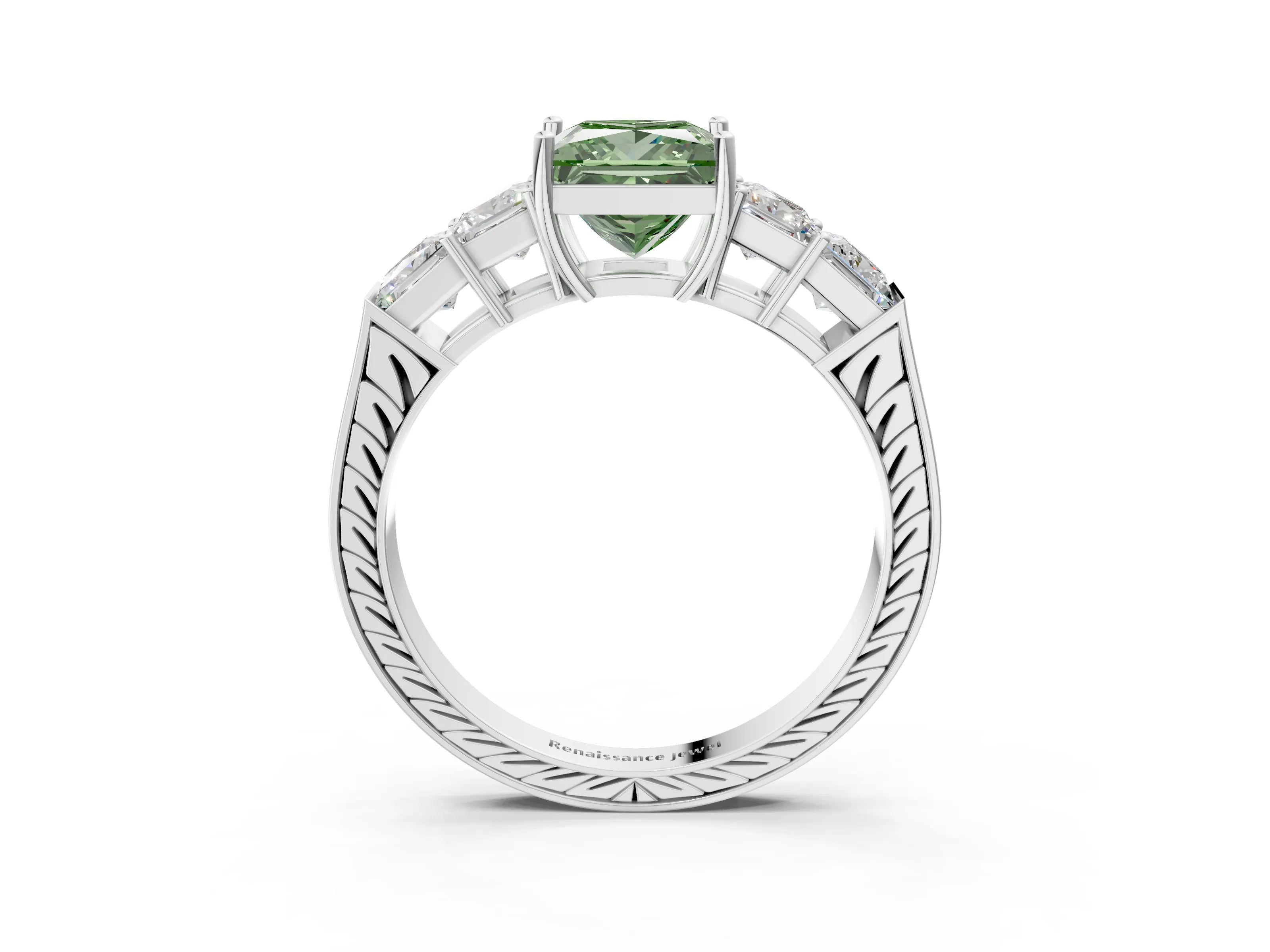 White gold Fancy Green Princess Cut Solitaire Princess Side Stone Engraved Band Prong Setting Ring_15