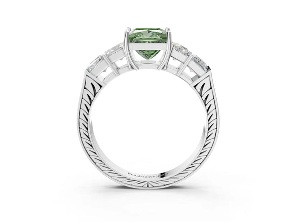 White gold Fancy Green Princess Cut Solitaire Princess Side Stone Engraved Band Prong Setting Ring