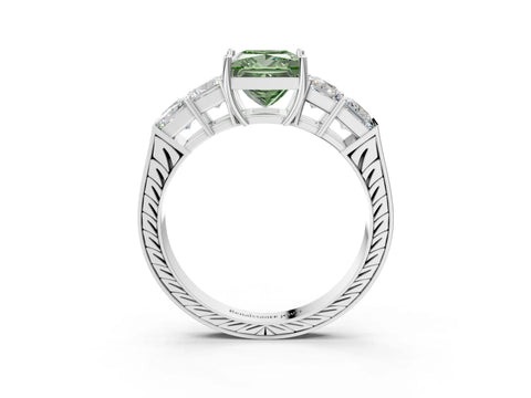 White gold Fancy Green Princess Cut Solitaire Princess Side Stone Engraved Band Prong Setting Ring_15