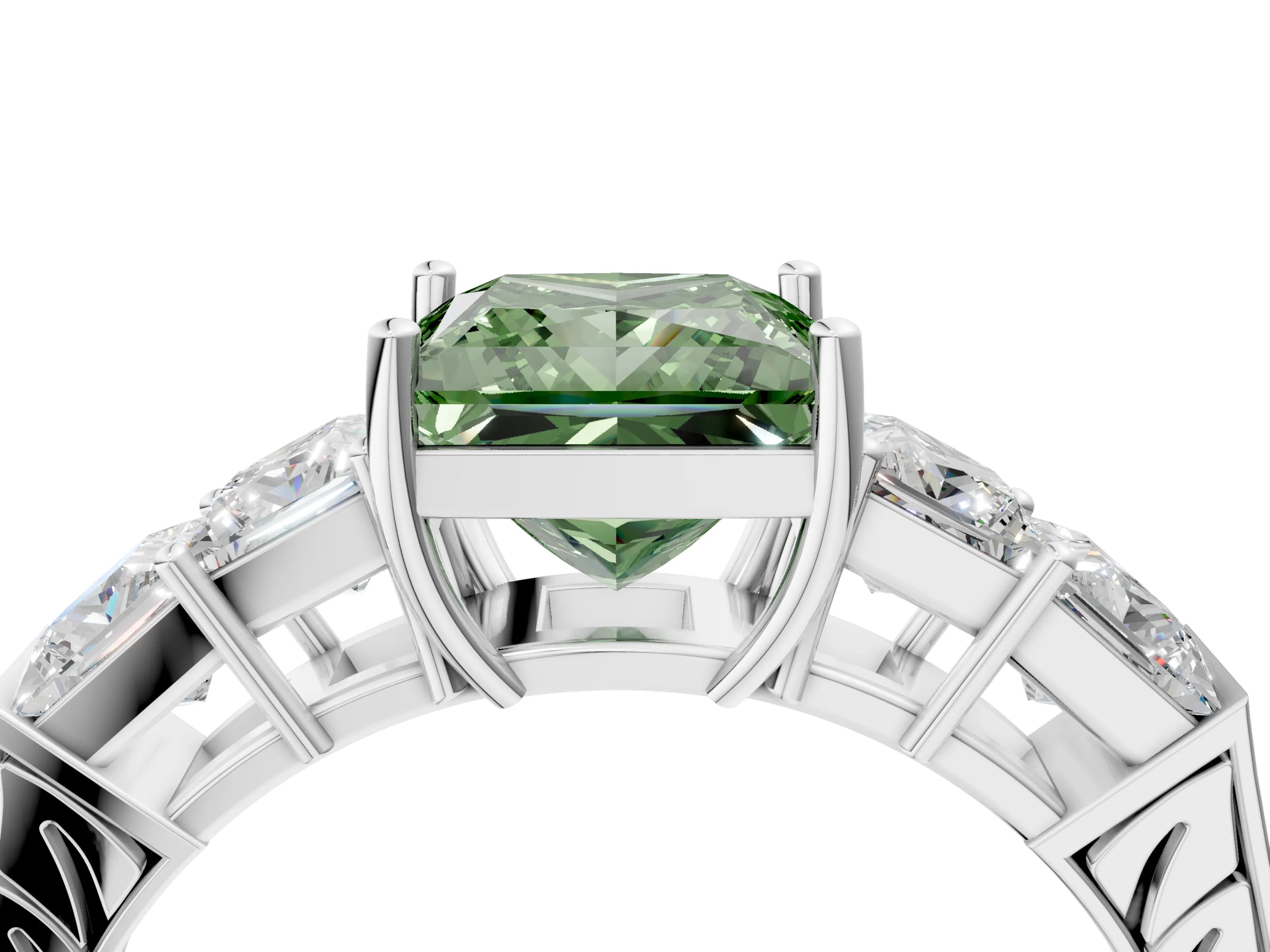White gold Fancy Green Princess Cut Solitaire Princess Side Stone Engraved Band Prong Setting Ring_16