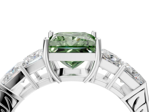 White gold Fancy Green Princess Cut Solitaire Princess Side Stone Engraved Band Prong Setting Ring_16