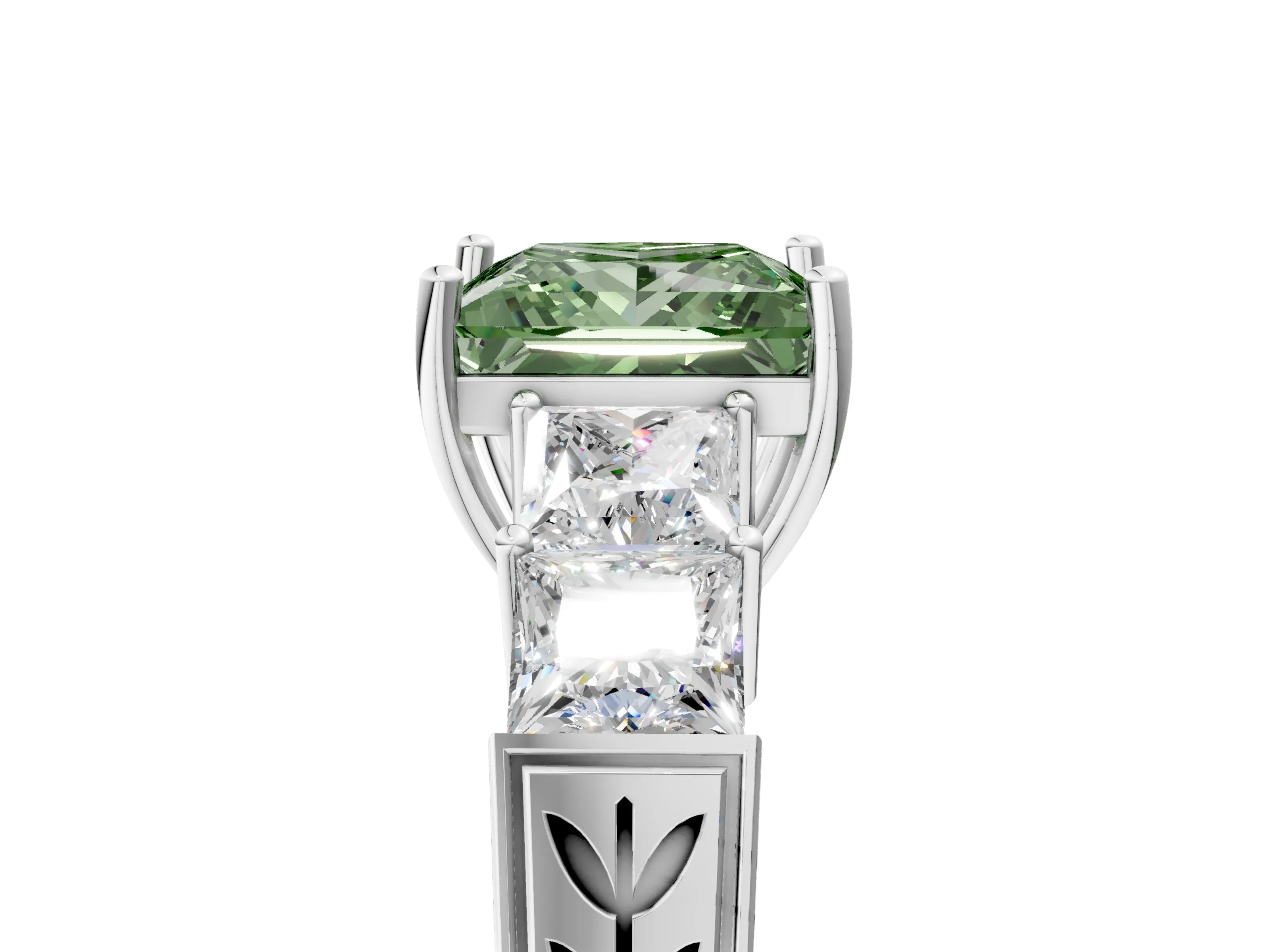 White gold Fancy Green Princess Cut Solitaire Princess Side Stone Engraved Band Prong Setting Ring_17