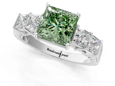 White gold Fancy Green Princess Cut Solitaire Princess Side Stone Engraved Band Prong Setting Ring_1