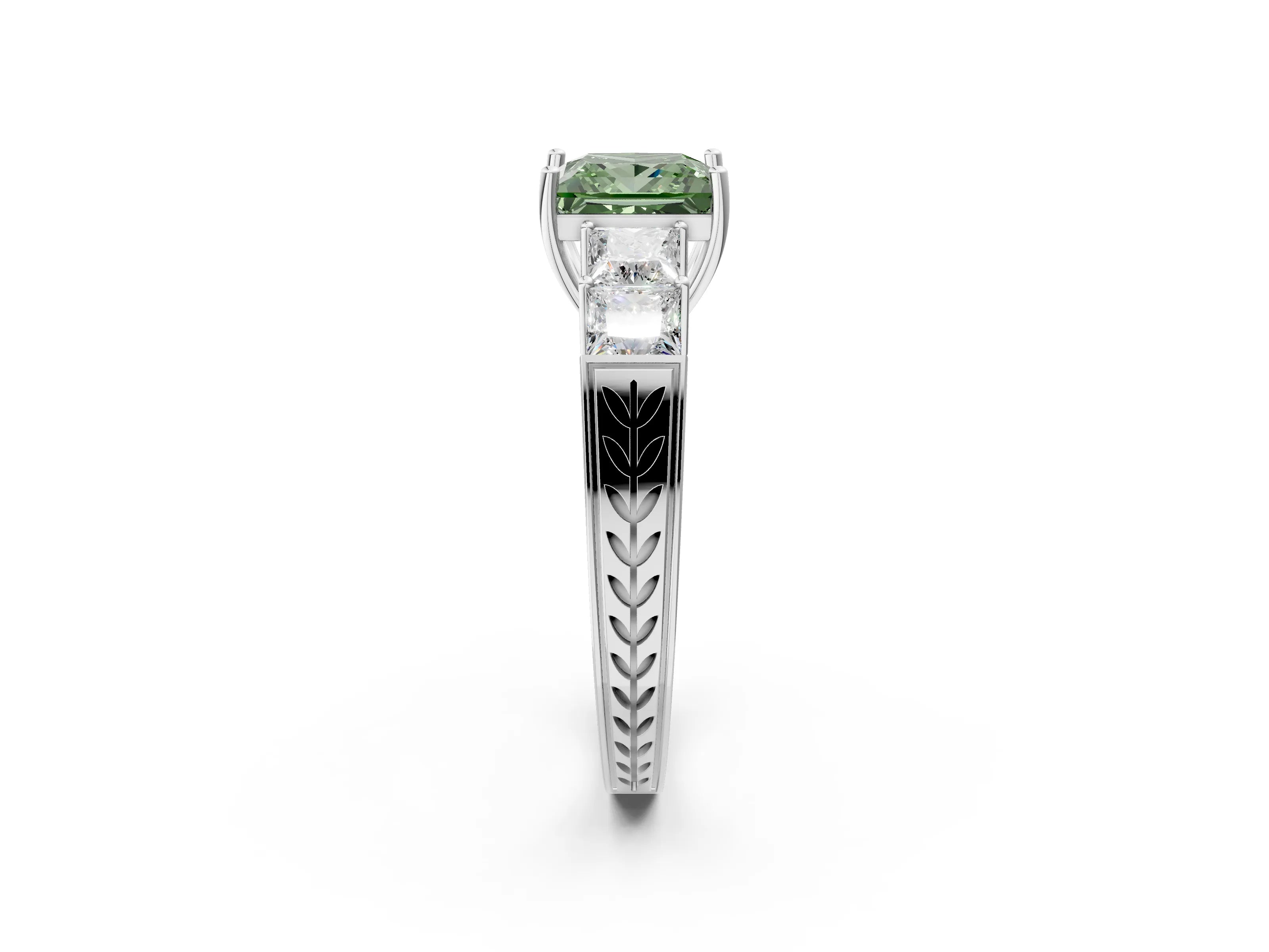 White gold Fancy Green Princess Cut Solitaire Princess Side Stone Engraved Band Prong Setting Ring_2