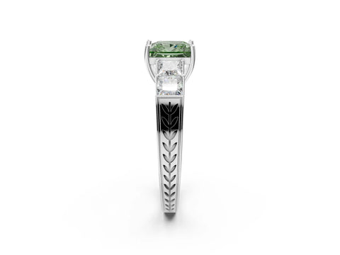 White gold Fancy Green Princess Cut Solitaire Princess Side Stone Engraved Band Prong Setting Ring_2