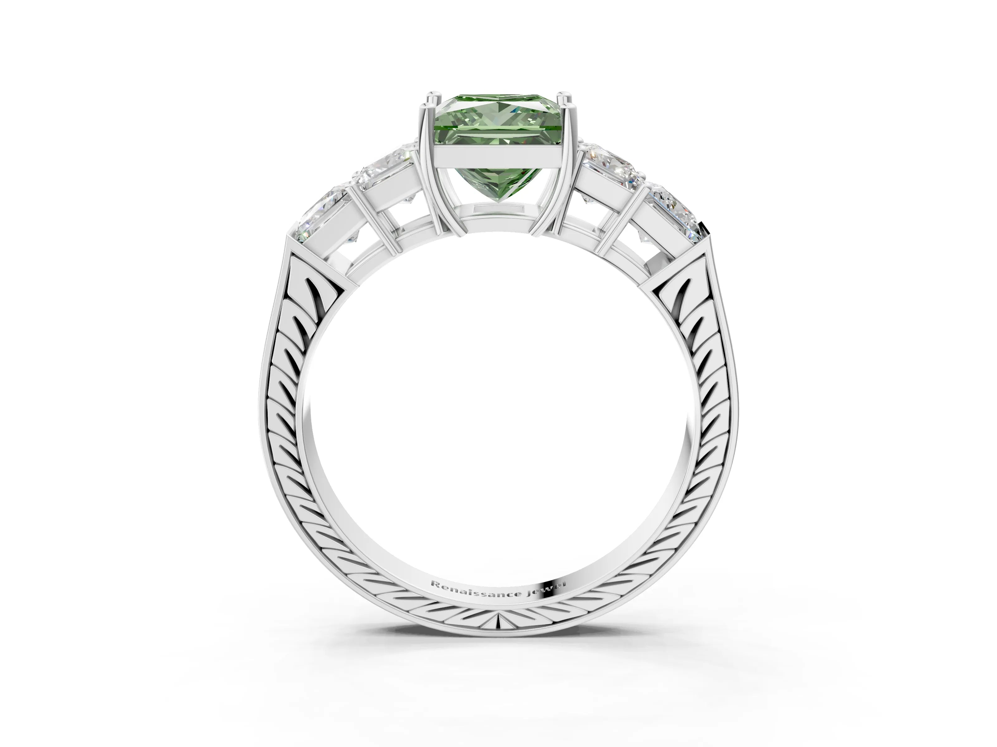 White gold Fancy Green Princess Cut Solitaire Princess Side Stone Engraved Band Prong Setting Ring_3