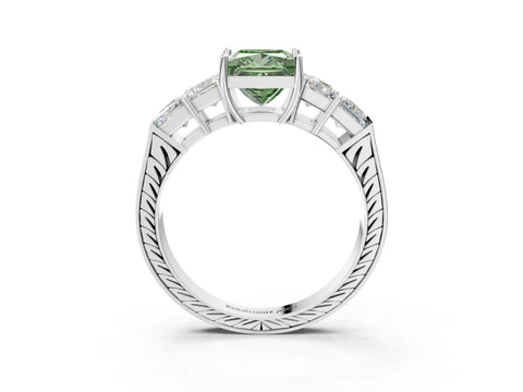 White gold Fancy Green Princess Cut Solitaire Princess Side Stone Engraved Band Prong Setting Ring_3
