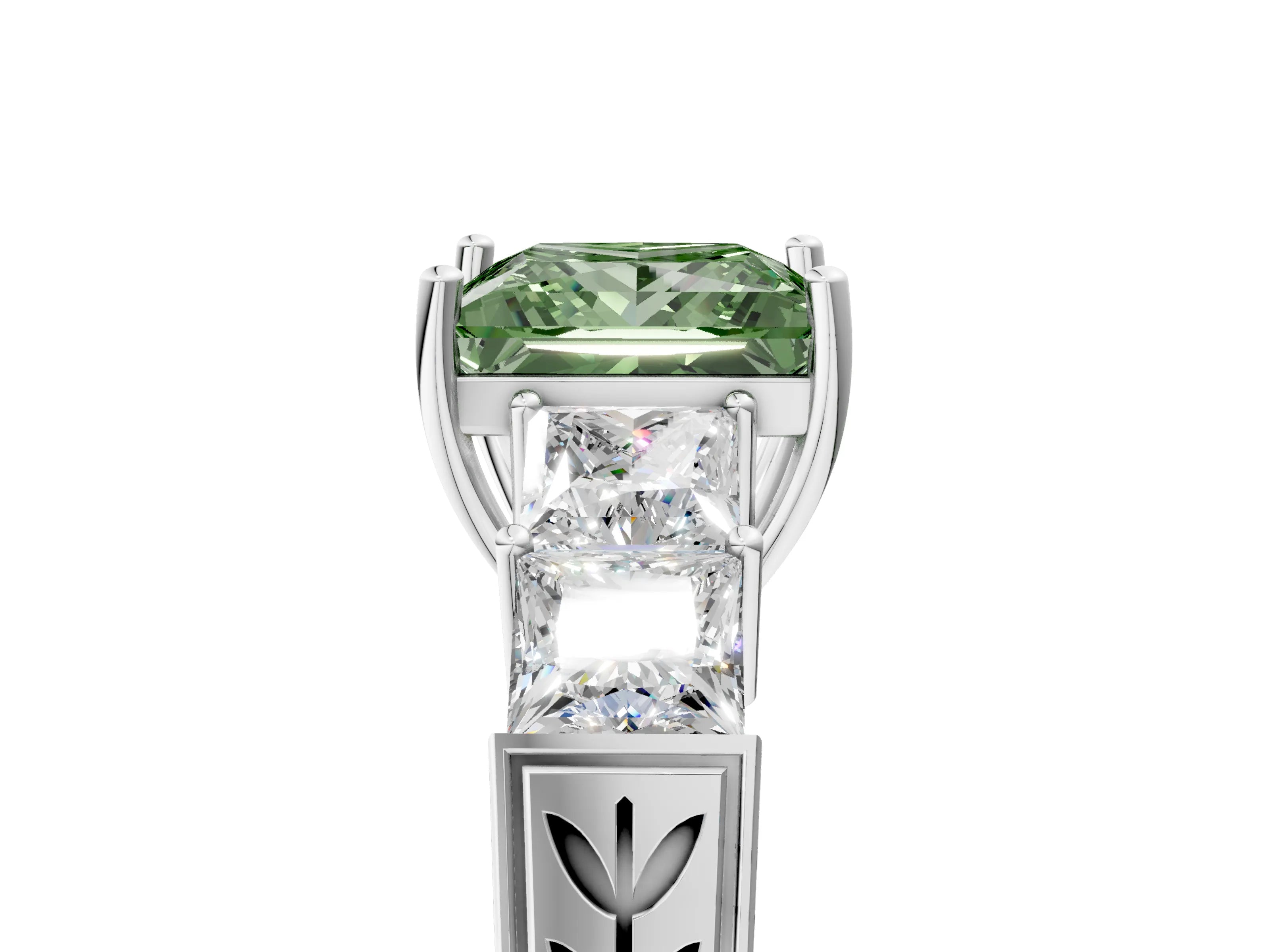 White gold Fancy Green Princess Cut Solitaire Princess Side Stone Engraved Band Prong Setting Ring_5
