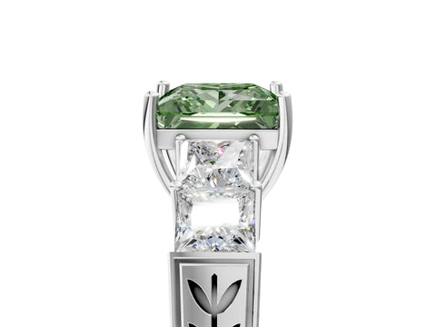 White gold Fancy Green Princess Cut Solitaire Princess Side Stone Engraved Band Prong Setting Ring_5