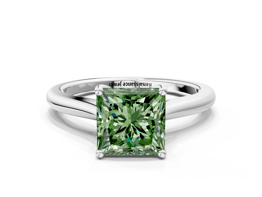 White gold Fancy Green Princess  Cut Solitaire Ring with Cathedral Band and Four-Prong Setting