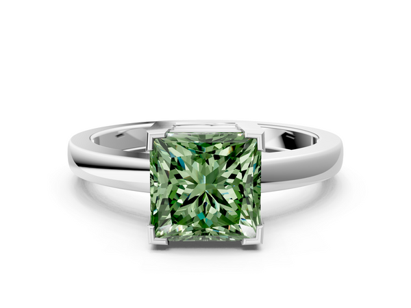 Platinum Fancy Green Princess  Cut Solitaire Ring with Four-Prong Setting and Classic Band