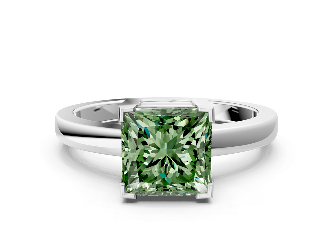 White gold Fancy Green Princess  Cut Solitaire Ring with Four-Prong Setting and Classic Band