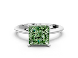 White gold Fancy Green Princess  Cut Solitaire Ring with Four-Prong Setting on a Classic Band