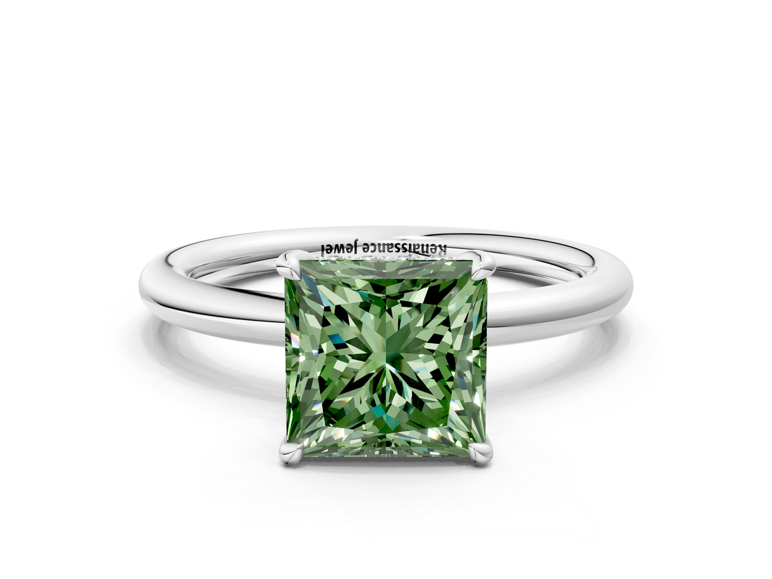 White gold Fancy Green Princess  Cut Solitaire Ring with Thin Band and Four-Prong Setting