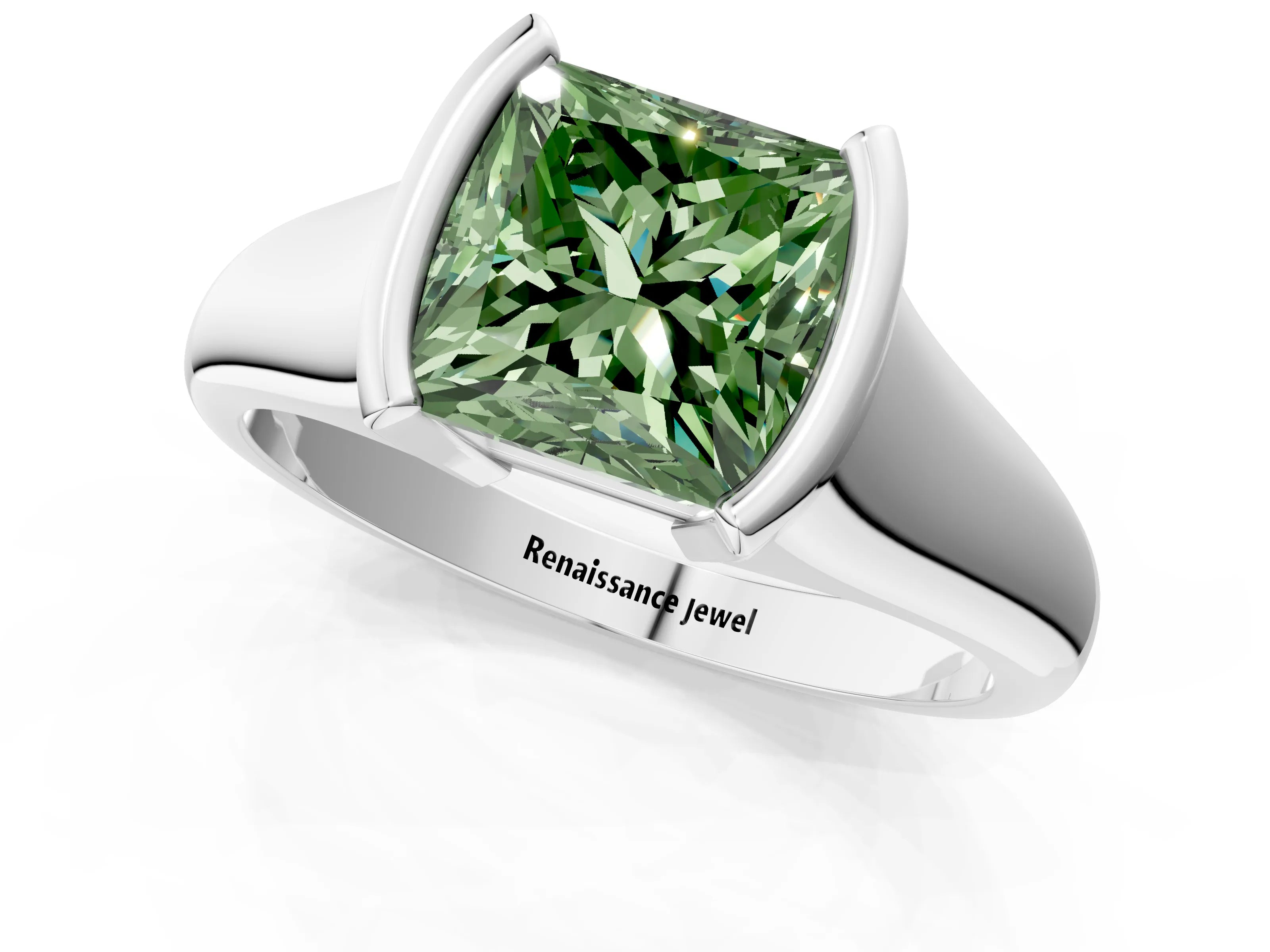 White gold Fancy Green Princess Cut Solitaire Tension Set Diamond Ring with Split Shank Band_1