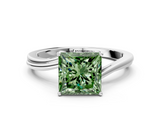 White gold Fancy Green Princess  Cut Solitaire Twist Band Ring with Four-Prong Setting