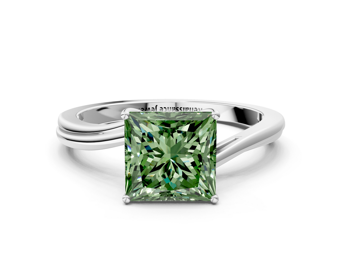 White gold Fancy Green Princess  Cut Solitaire Twist Band Ring with Four-Prong Setting