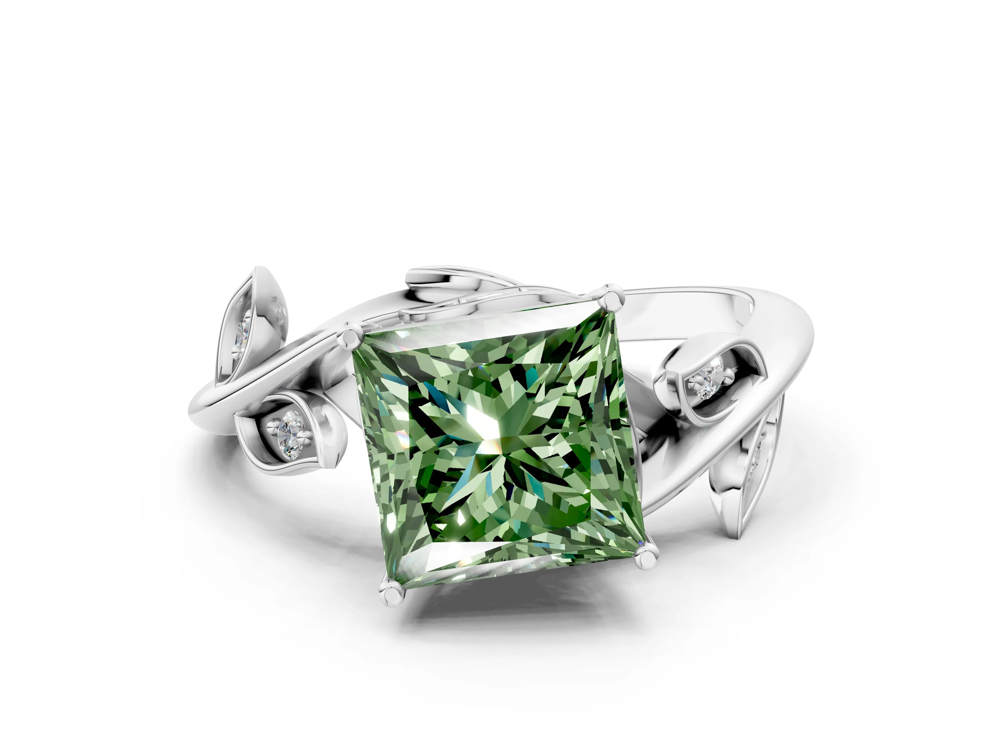 White gold Fancy Green Princess Cut Solitaire Twist Engagement Ring with Leaf Accents and Prong Setting_12