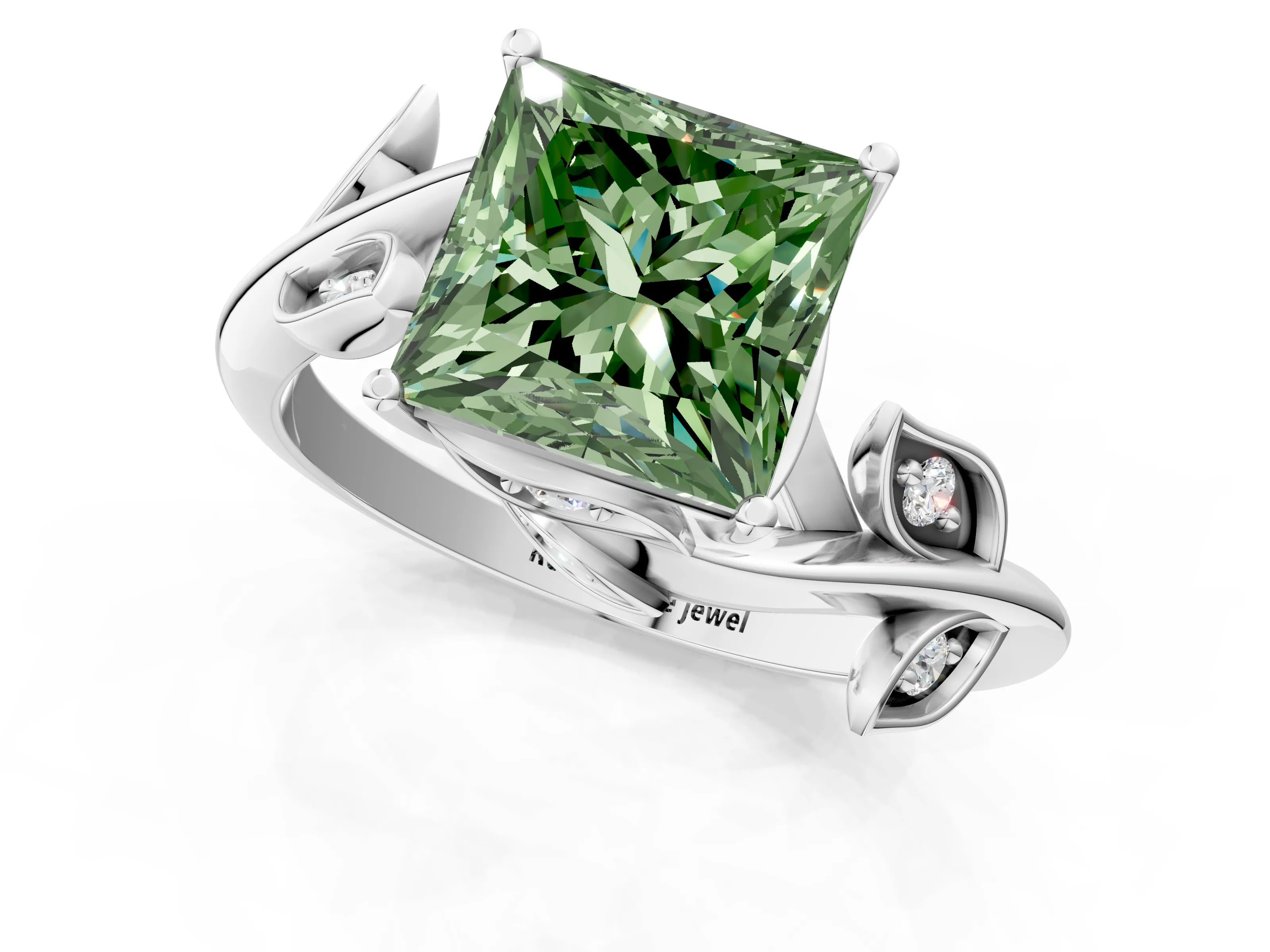 White gold Fancy Green Princess Cut Solitaire Twist Engagement Ring with Leaf Accents and Prong Setting_13