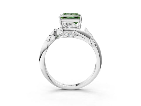 White gold Fancy Green Princess Cut Solitaire Twist Engagement Ring with Leaf Accents and Prong Setting_15