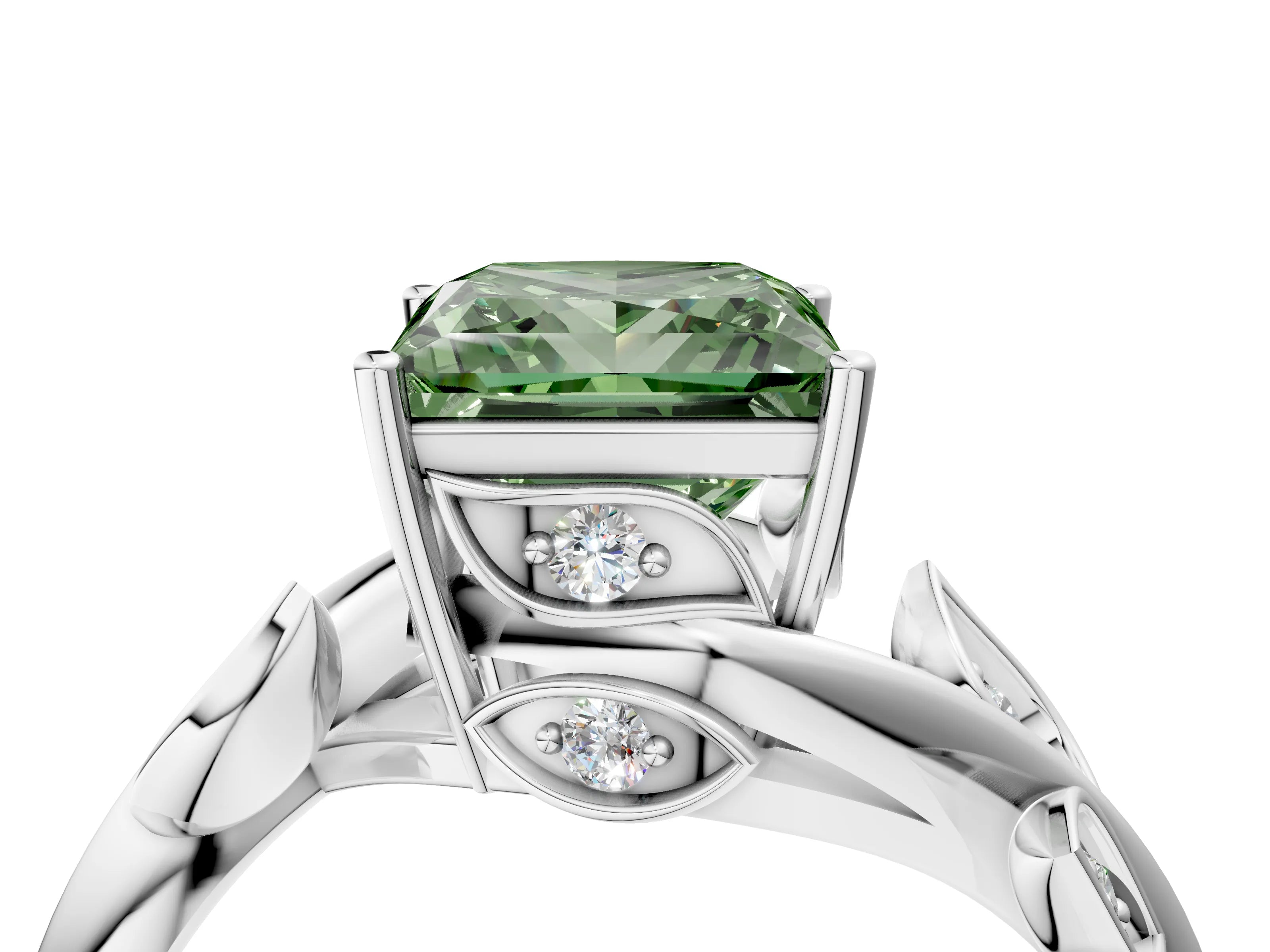 White gold Fancy Green Princess Cut Solitaire Twist Engagement Ring with Leaf Accents and Prong Setting_16
