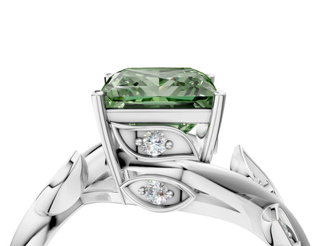 White gold Fancy Green Princess Cut Solitaire Twist Engagement Ring with Leaf Accents and Prong Setting_16