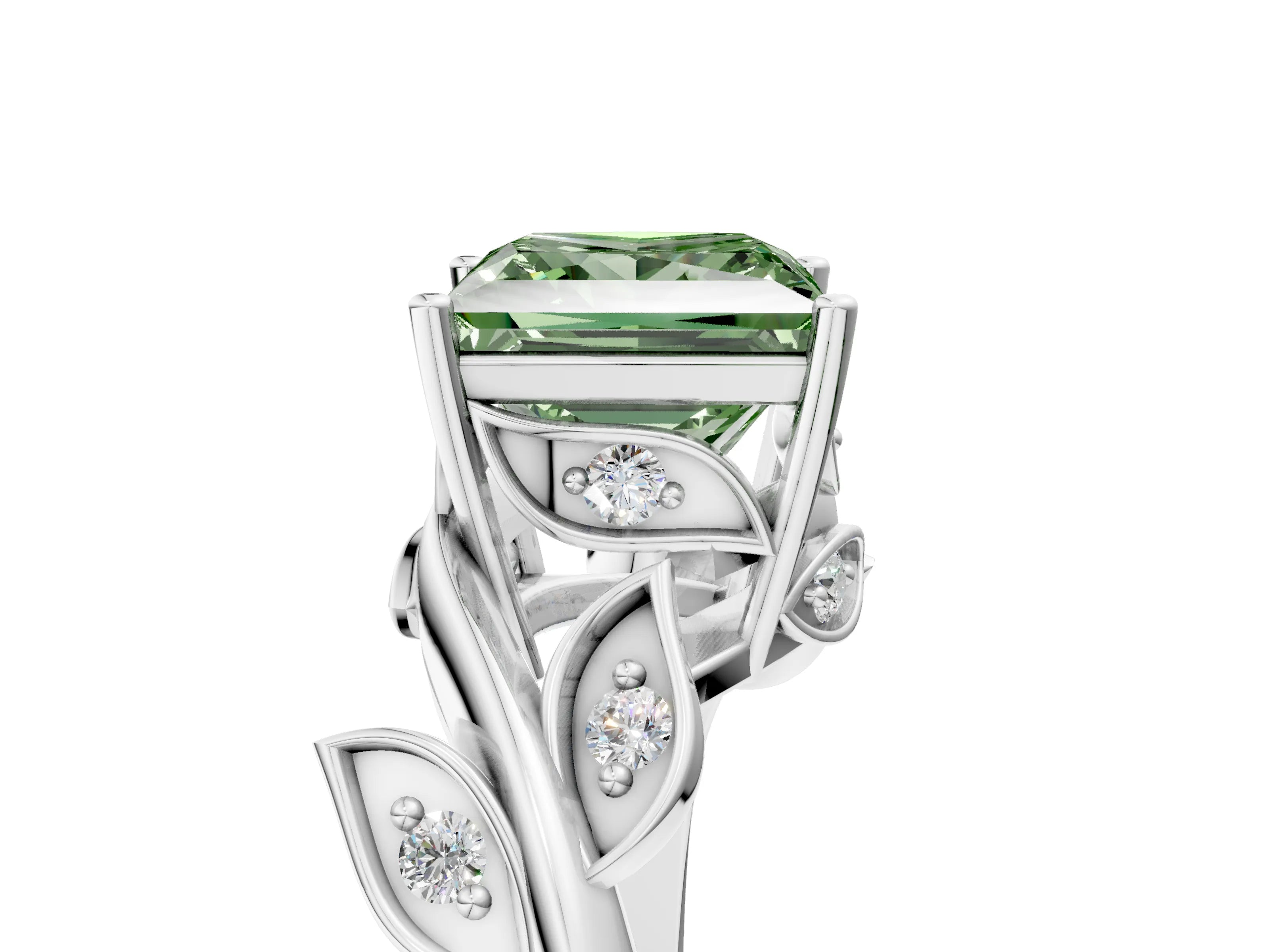 White gold Fancy Green Princess Cut Solitaire Twist Engagement Ring with Leaf Accents and Prong Setting_17