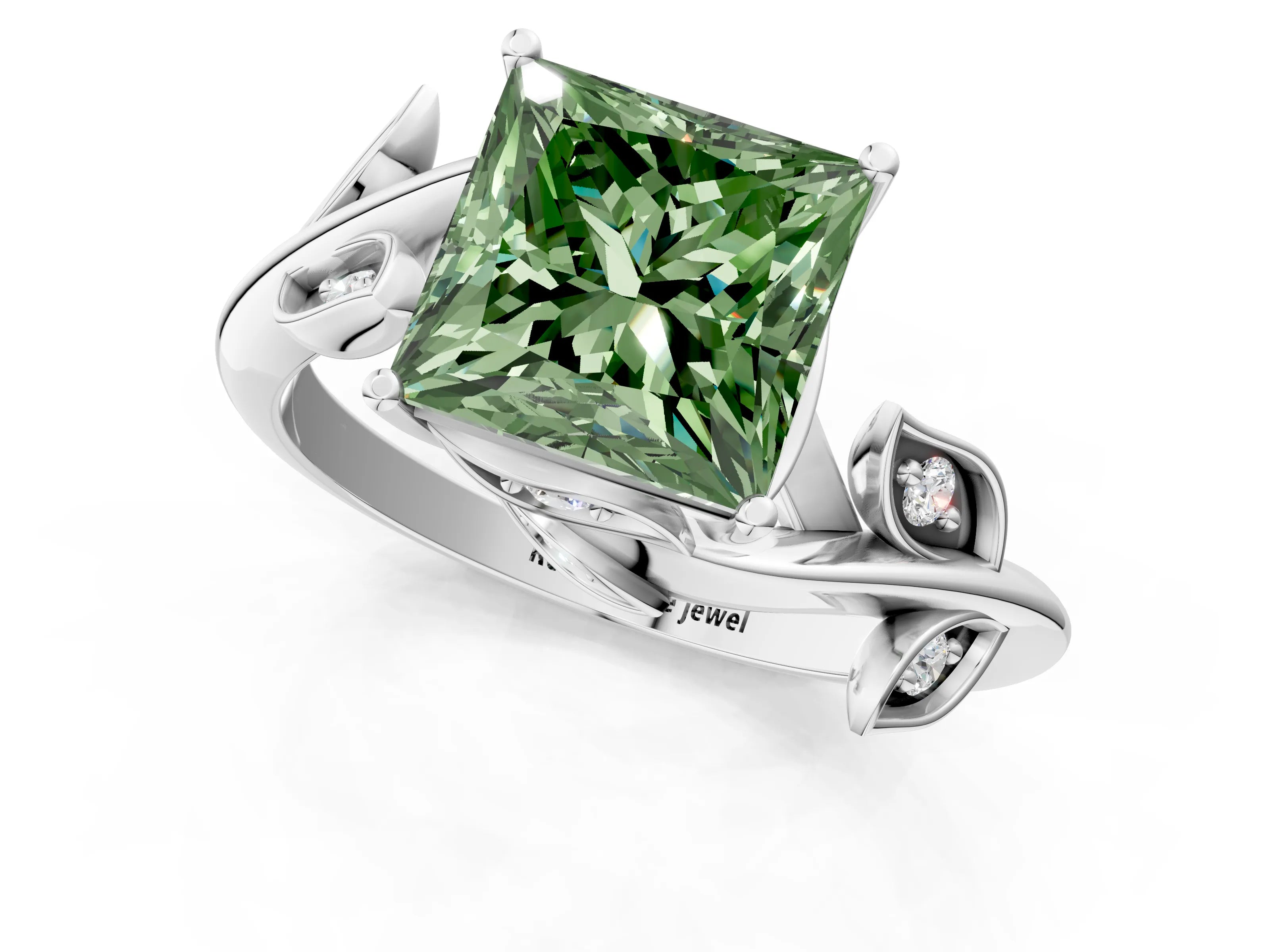White gold Fancy Green Princess Cut Solitaire Twist Engagement Ring with Leaf Accents and Prong Setting_1