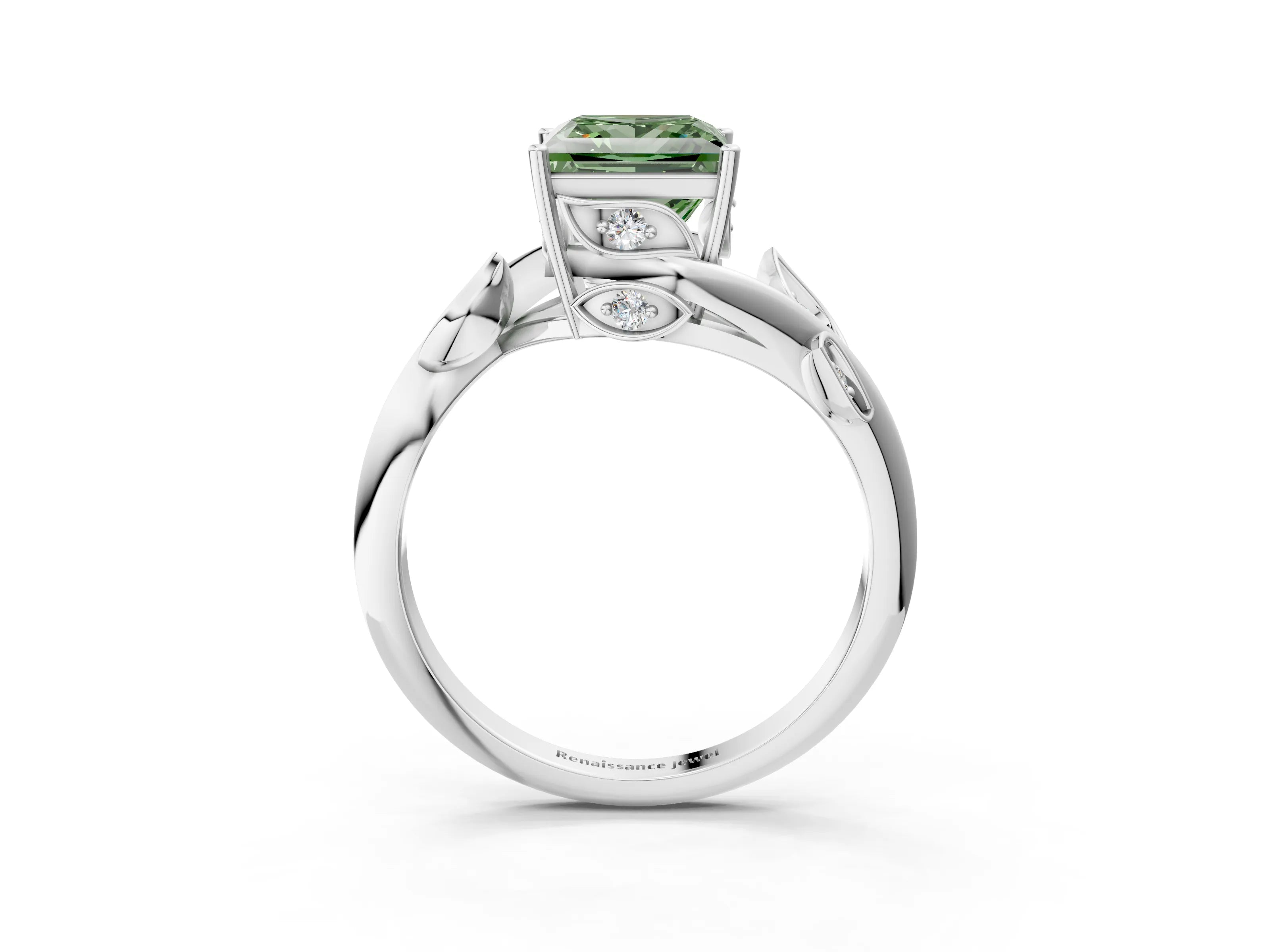 White gold Fancy Green Princess Cut Solitaire Twist Engagement Ring with Leaf Accents and Prong Setting_3