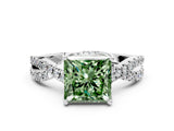 White gold Fancy Green Princess Cut Solitaire Twist Pave Diamond Engagement Ring with Prong Setting