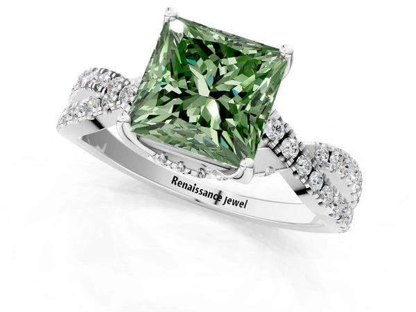 Platinum Fancy Green Princess Cut Solitaire Twist Pave Diamond Engagement Ring with Prong Setting