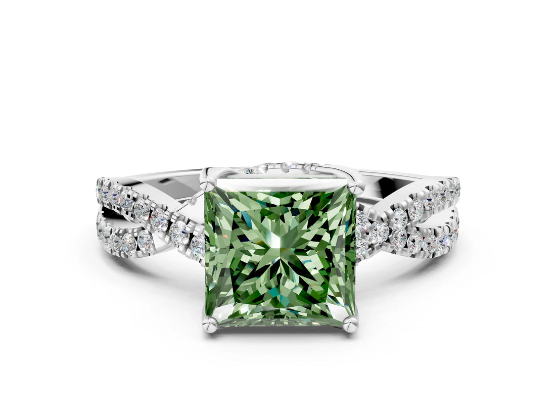 White gold Fancy Green Princess Cut Solitaire Twist Pave Diamond Engagement Ring with Prong Setting_12