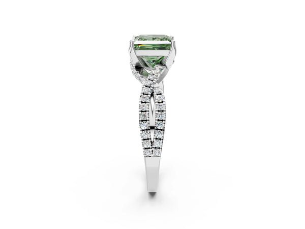Platinum Fancy Green Princess Cut Solitaire Twist Pave Diamond Engagement Ring with Prong Setting