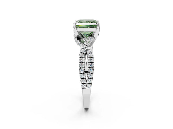 White Gold Princess Cut Twisted Split Shank Engagement Ring Setting for Fancy Green Center