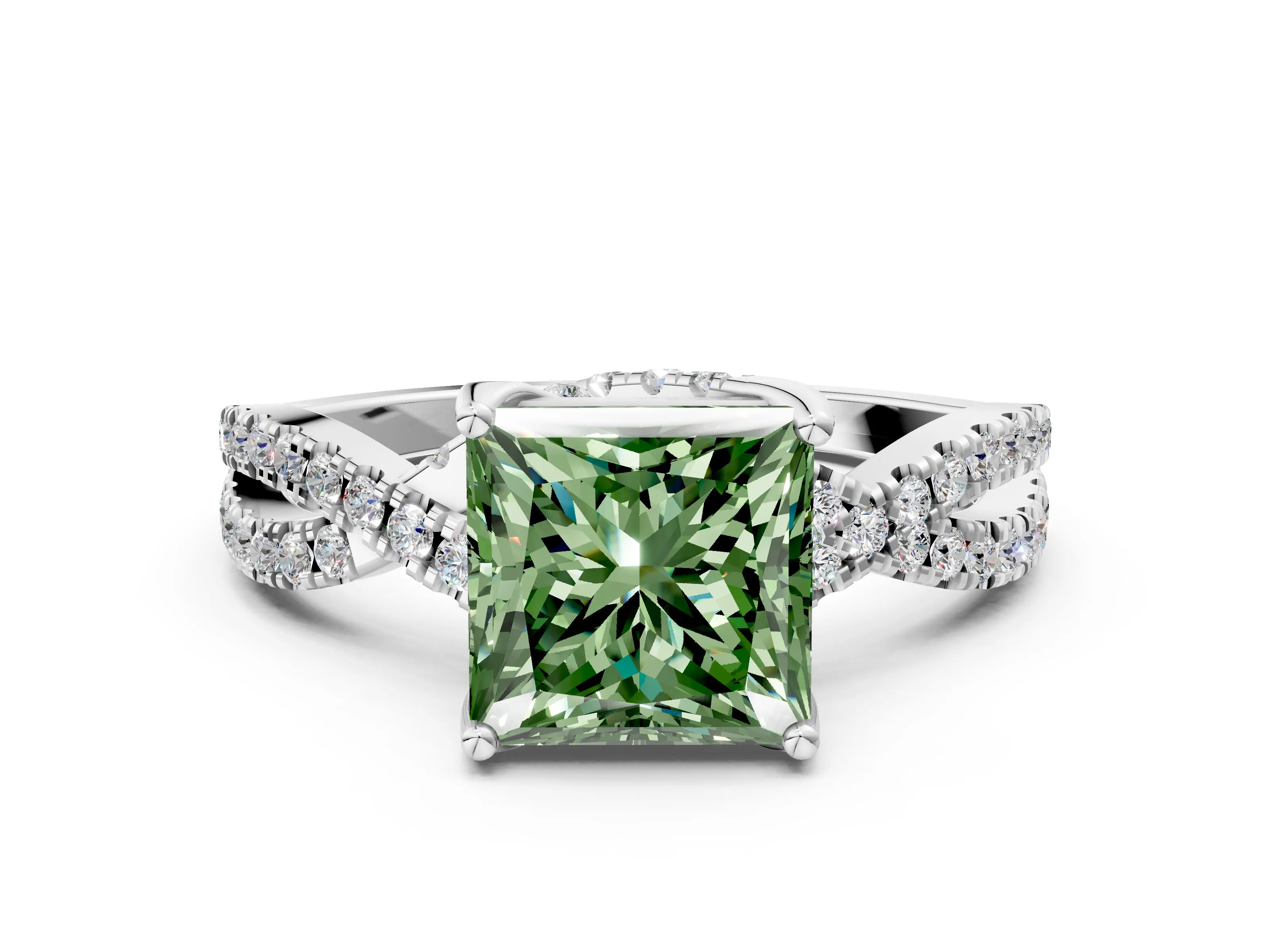 White gold Fancy Green Princess Cut Solitaire Twist Pave Diamond Engagement Ring with Prong Setting