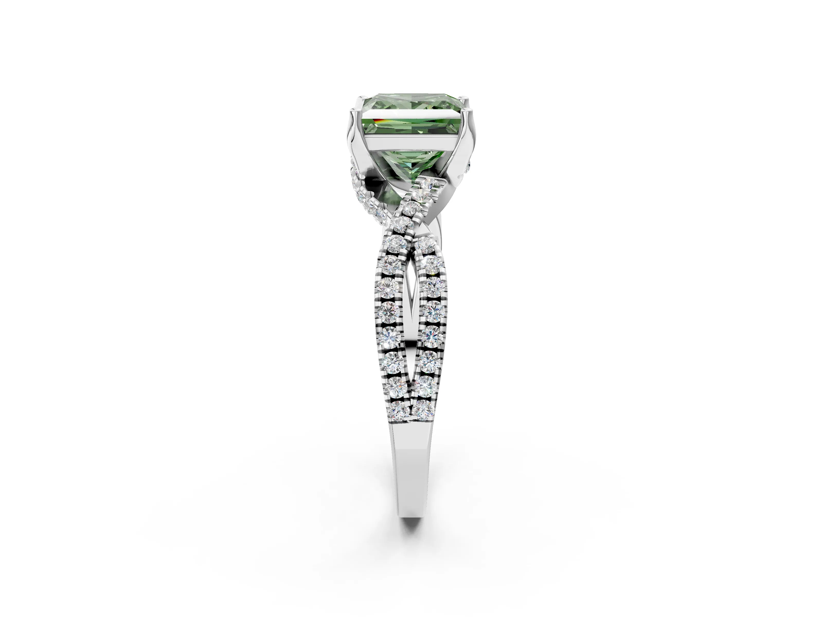 White gold Fancy Green Princess Cut Solitaire Twist Pave Diamond Engagement Ring with Prong Setting_2
