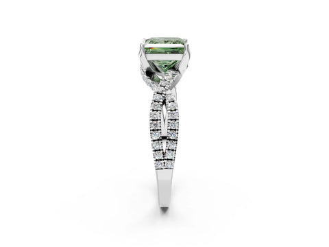 White gold Fancy Green Princess Cut Solitaire Twist Pave Diamond Engagement Ring with Prong Setting_2
