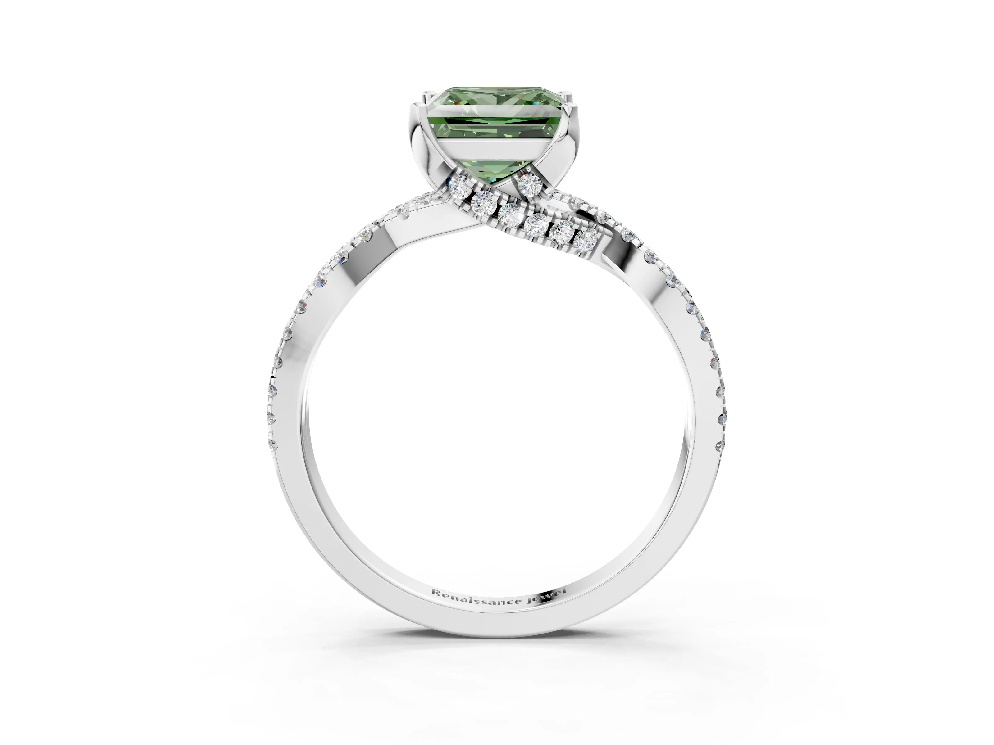 White gold Fancy Green Princess Cut Solitaire Twist Pave Diamond Engagement Ring with Prong Setting_3