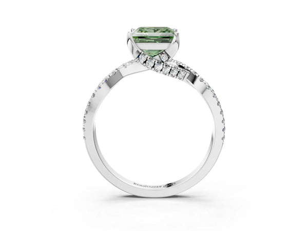 Platinum Fancy Green Princess Cut Solitaire Twist Pave Diamond Engagement Ring with Prong Setting