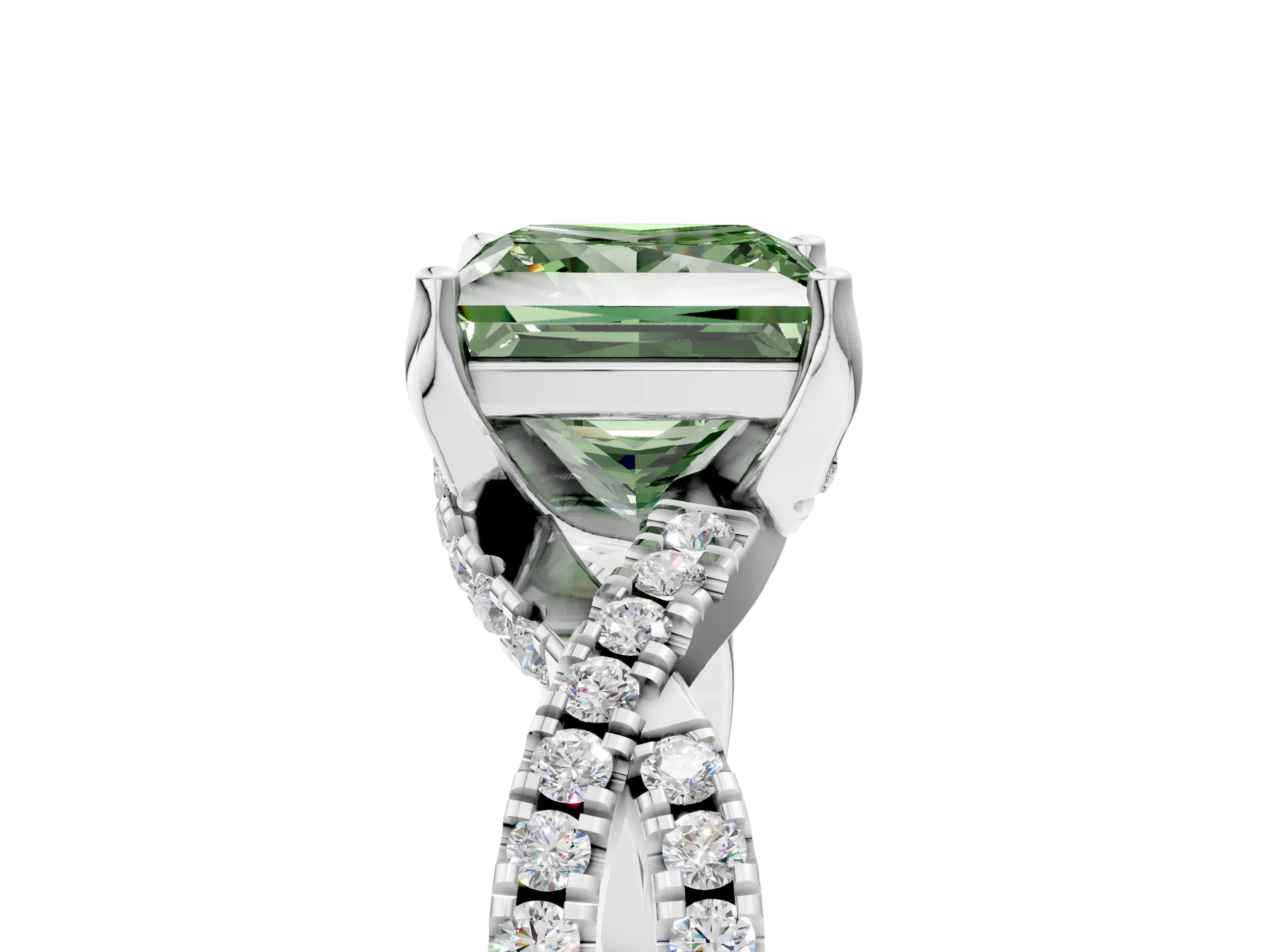 White gold Fancy Green Princess Cut Solitaire Twist Pave Diamond Engagement Ring with Prong Setting_5