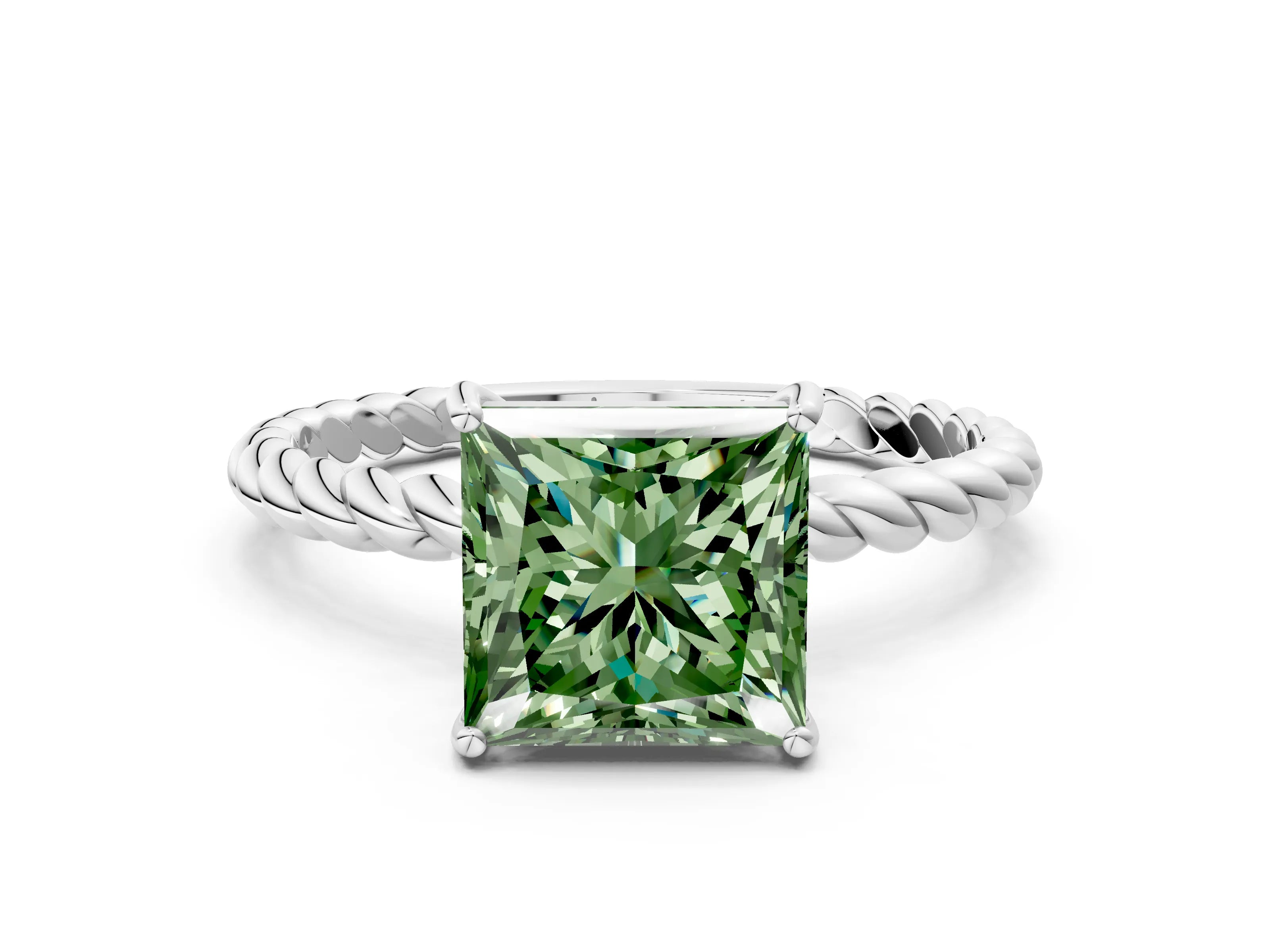 White gold Fancy Green Princess Cut Solitaire Twisted Band 4-Prong Ring_24