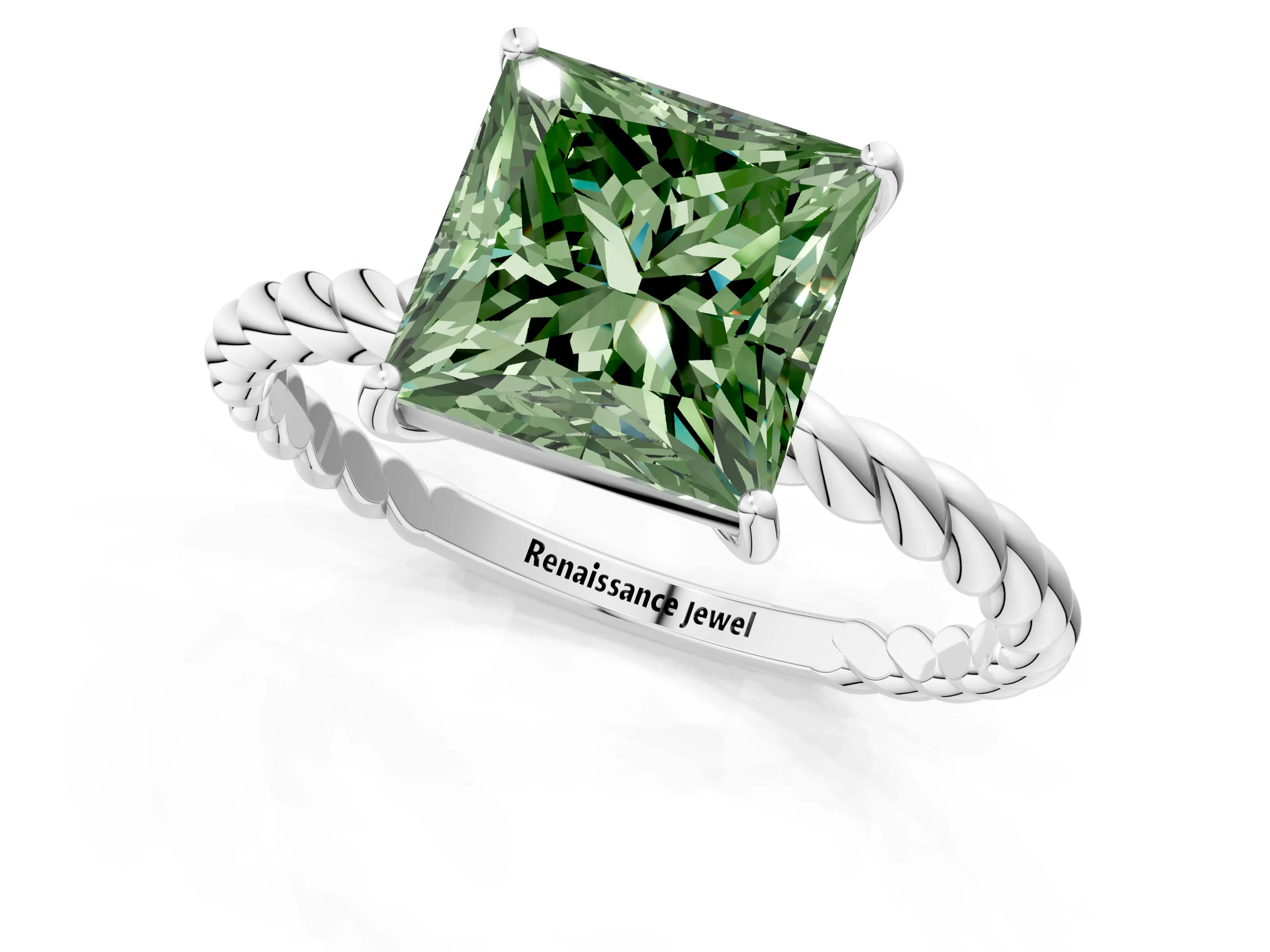White gold Fancy Green Princess Cut Solitaire Twisted Band 4-Prong Ring_25