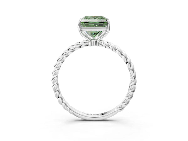 Platinum Fancy Green Princess Cut Solitaire Twisted Band 4-Prong Ring