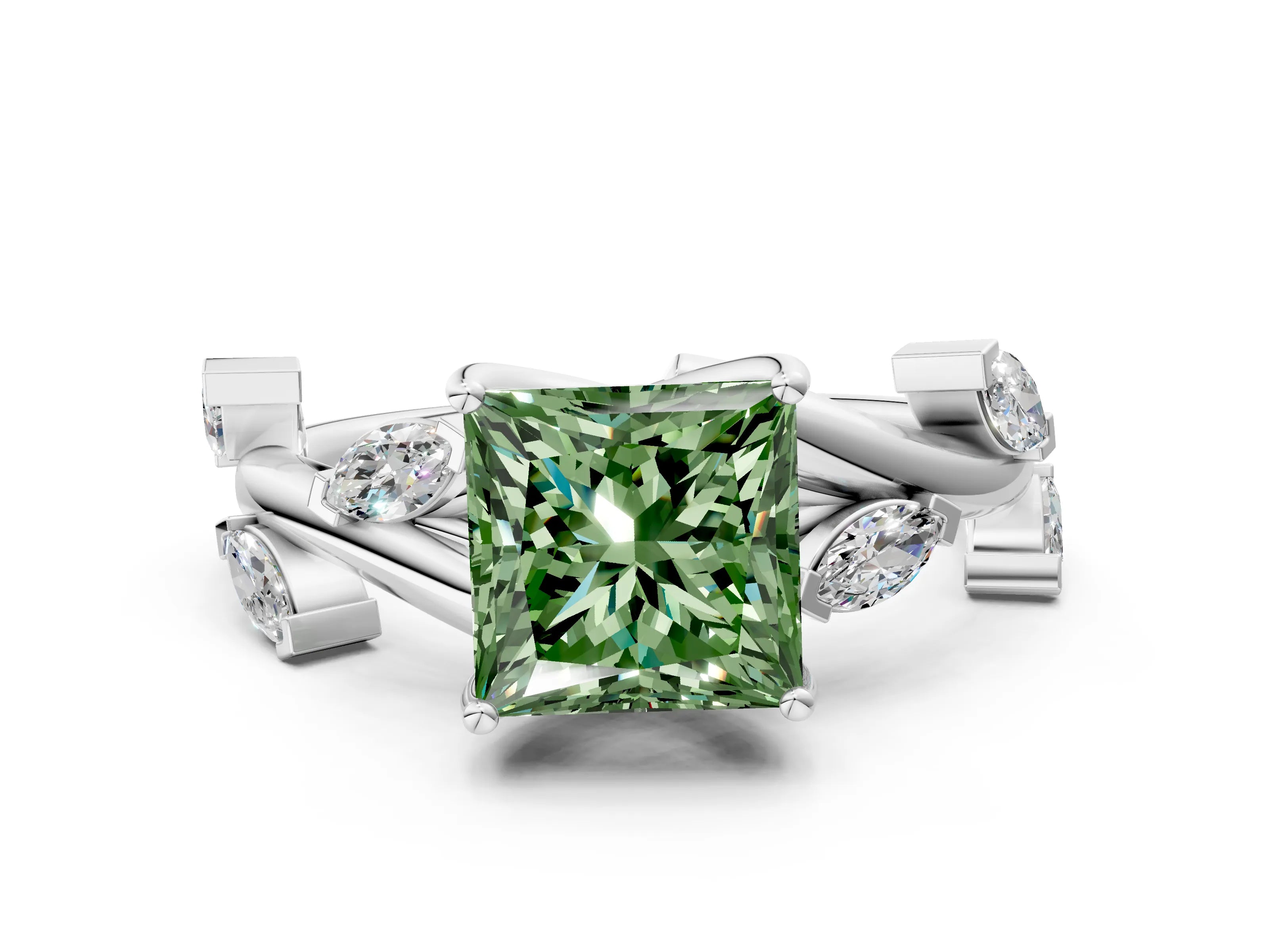 White gold Fancy Green Princess Cut Solitaire Twisted Band Marquise Accent Prong Setting Ring