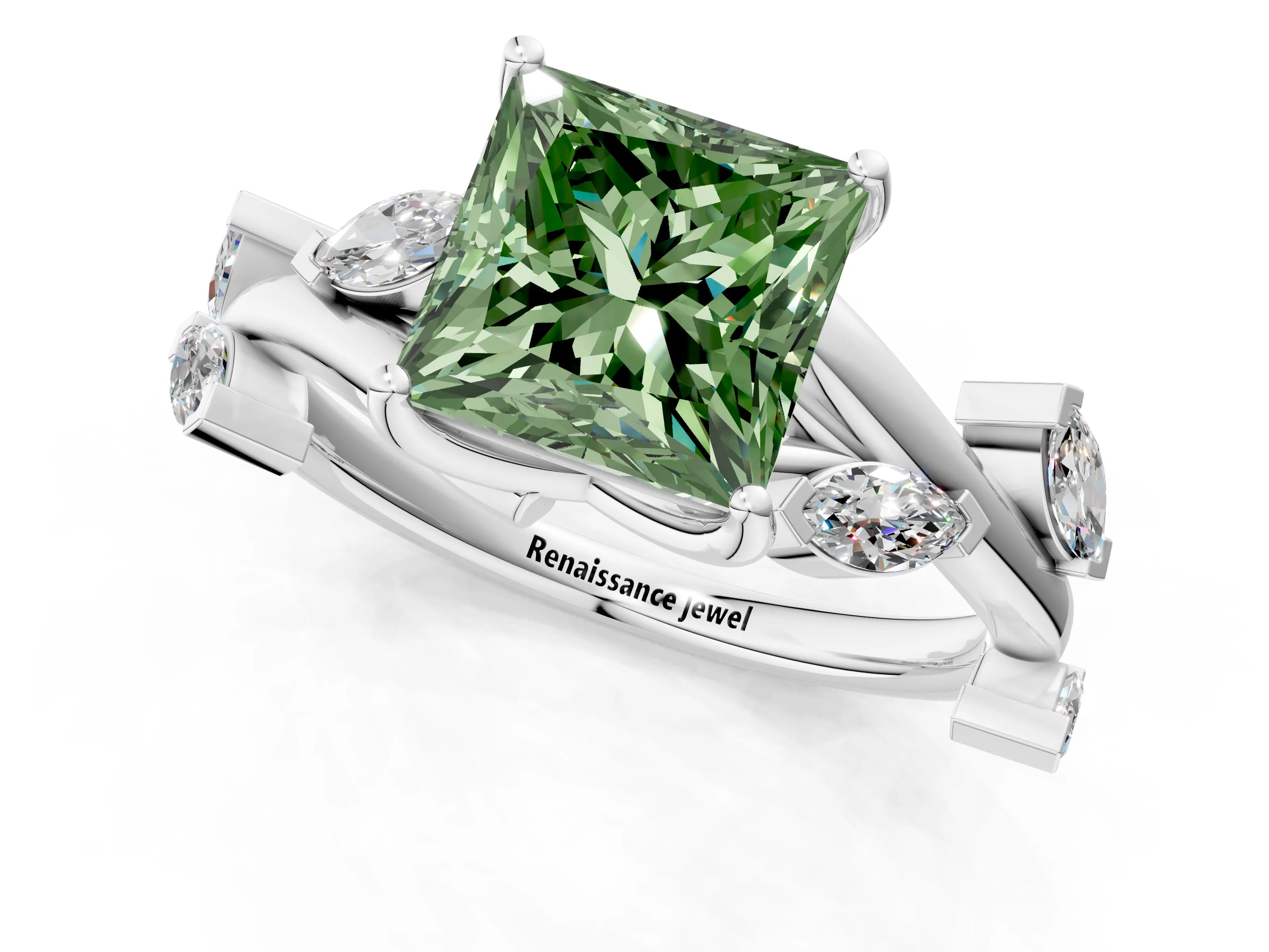 White gold Fancy Green Princess Cut Solitaire Twisted Band Marquise Accent Prong Setting Ring_1