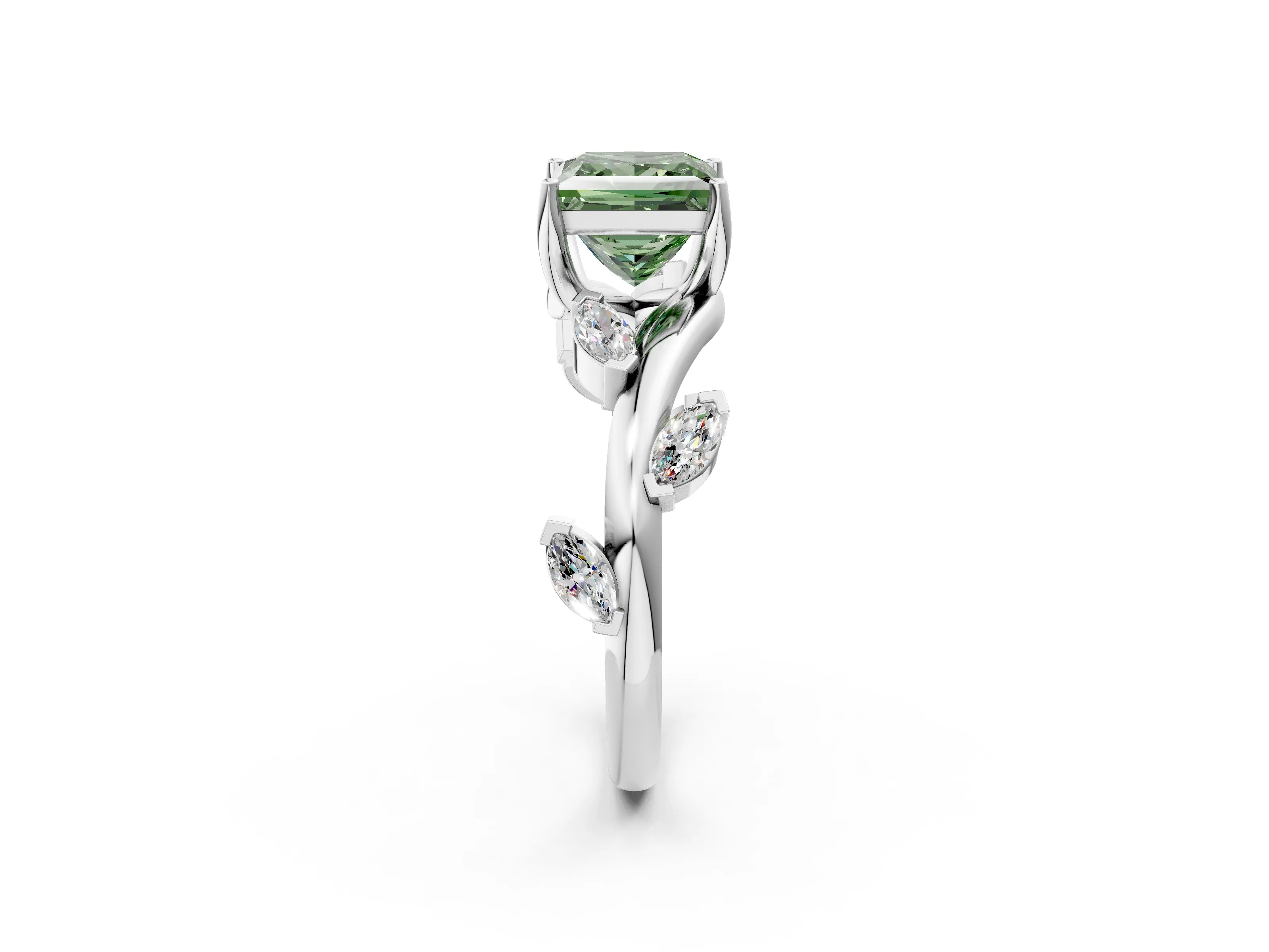 White gold Fancy Green Princess Cut Solitaire Twisted Band Marquise Accent Prong Setting Ring_2