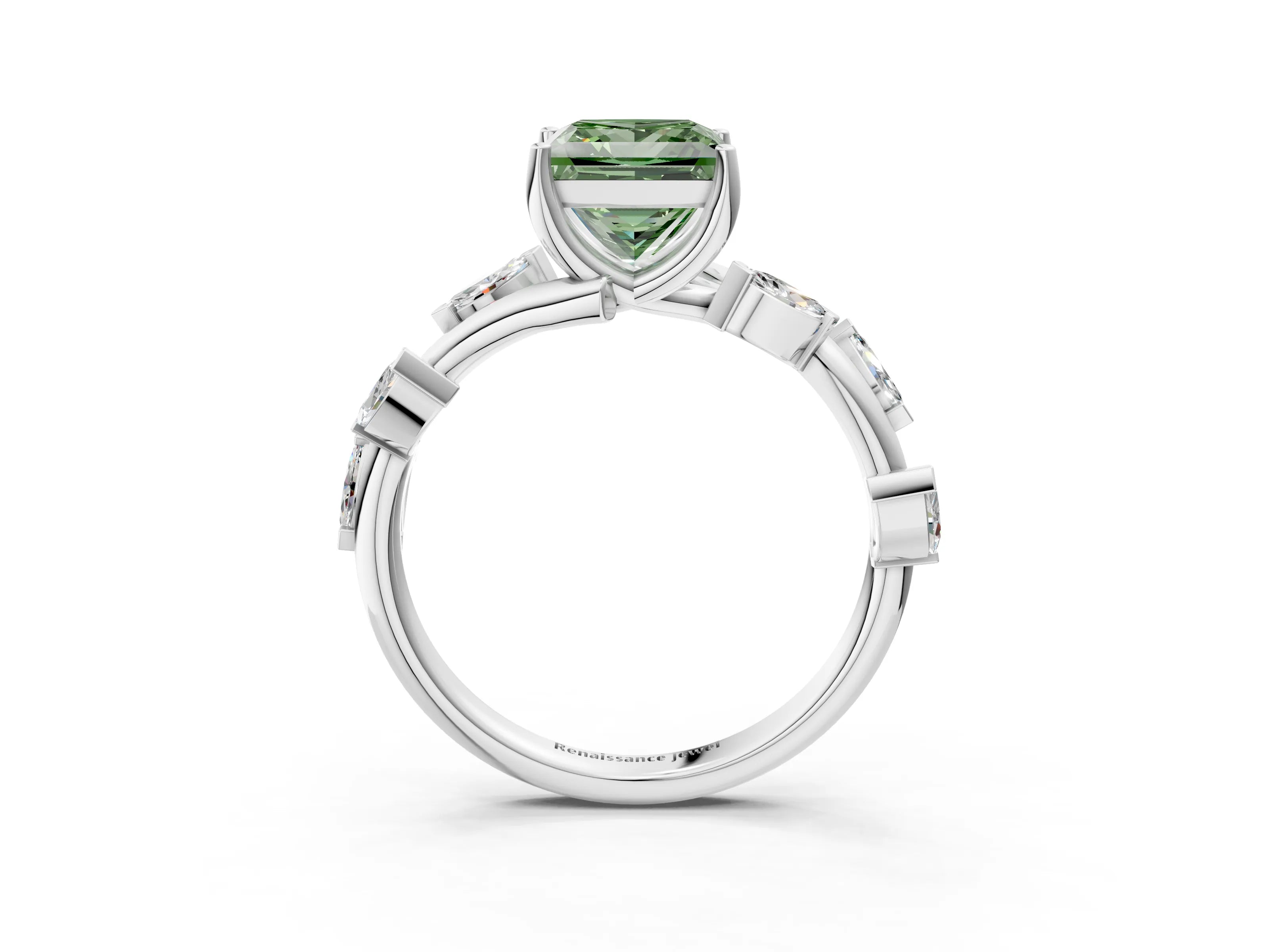 White gold Fancy Green Princess Cut Solitaire Twisted Band Marquise Accent Prong Setting Ring_3