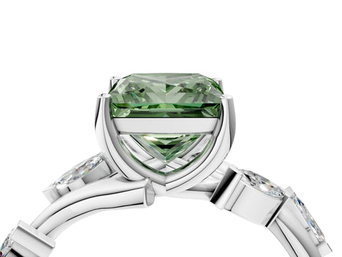 White gold Fancy Green Princess Cut Solitaire Twisted Band Marquise Accent Prong Setting Ring_4