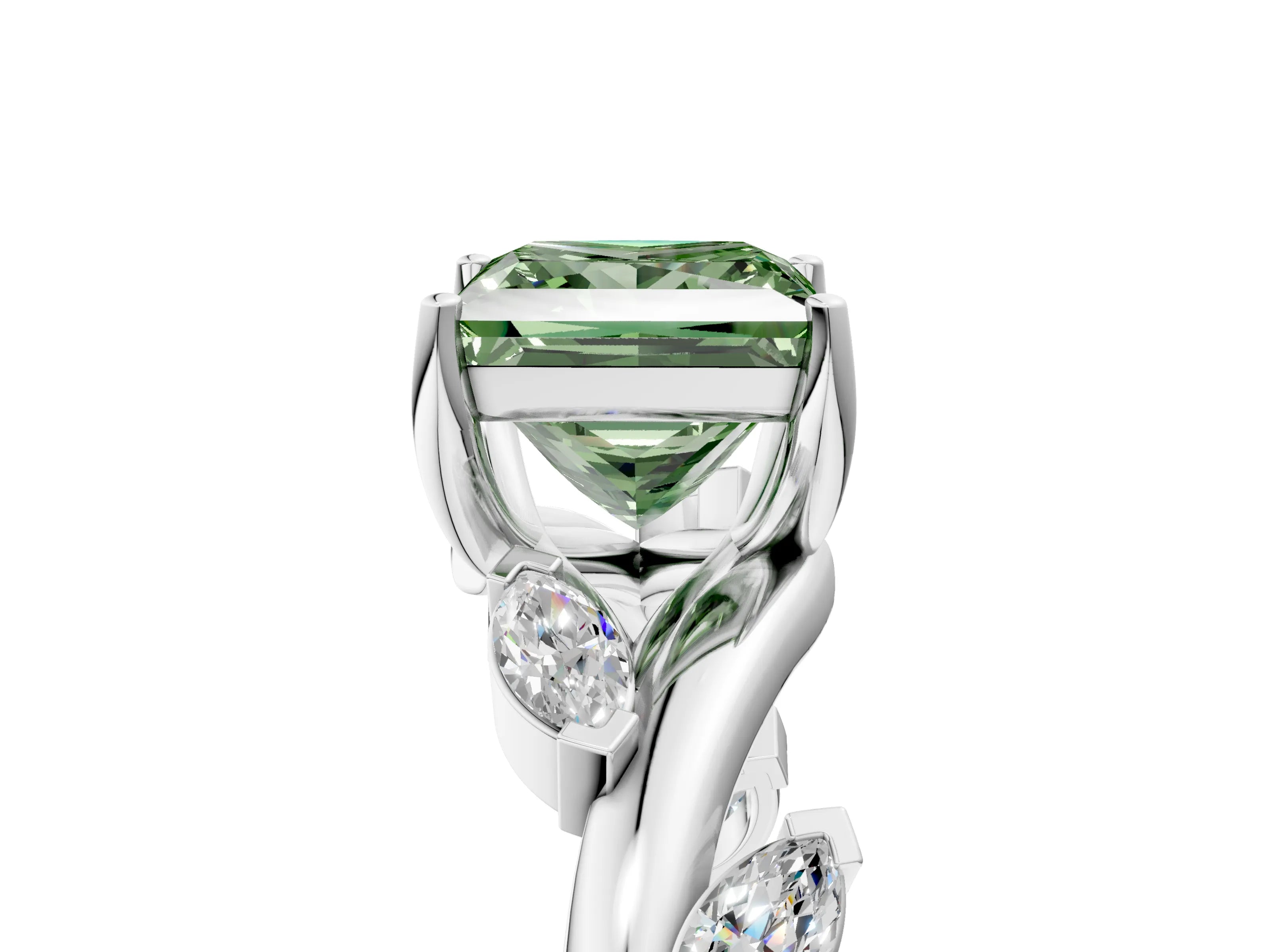 White gold Fancy Green Princess Cut Solitaire Twisted Band Marquise Accent Prong Setting Ring_5